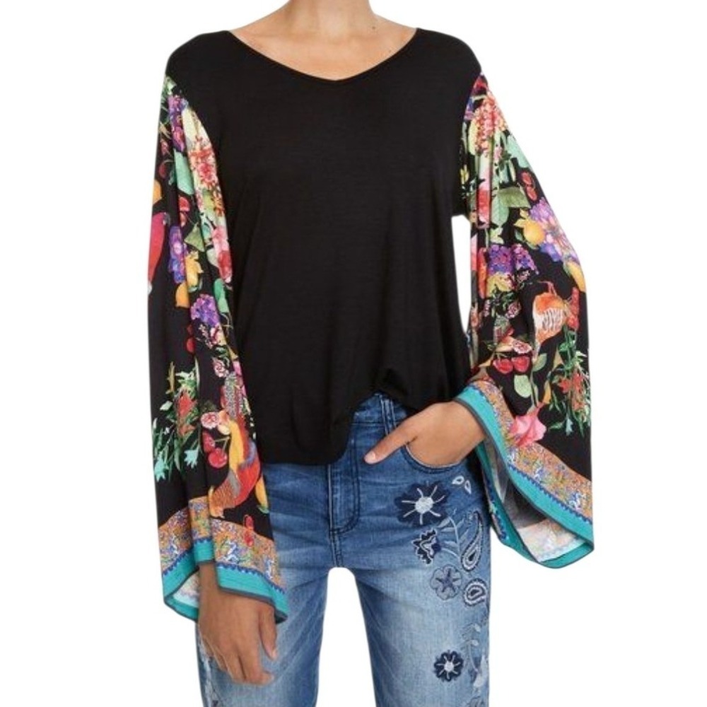 Desigual Exaggerated Colorful Bird Sleeves Womens size XL Stretchy Statement Top - Picture 2 of 16